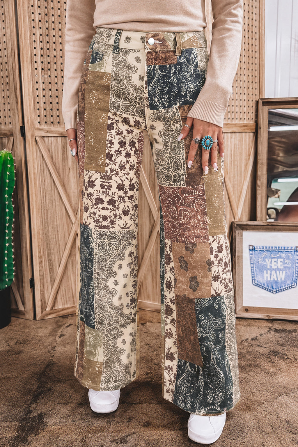 Khaki Patchwork Print Casual Shift Jeans
