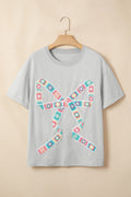 Light Grey Floral Crochet Ribbon Bow Patched Cotton T Shirt