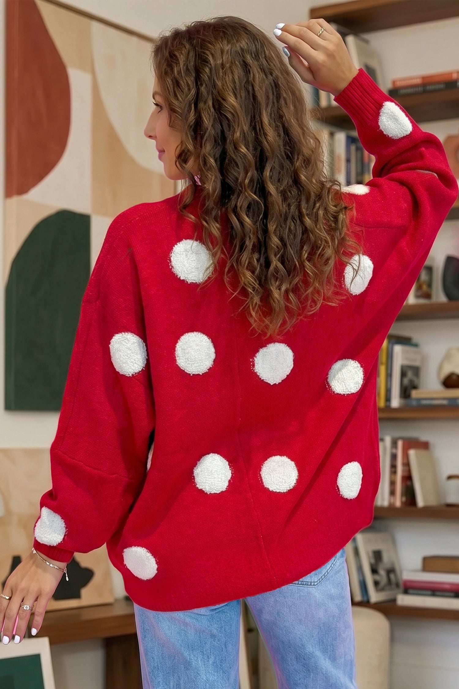Red Polka Dot Button Front Oversized V Neck Cardigan
