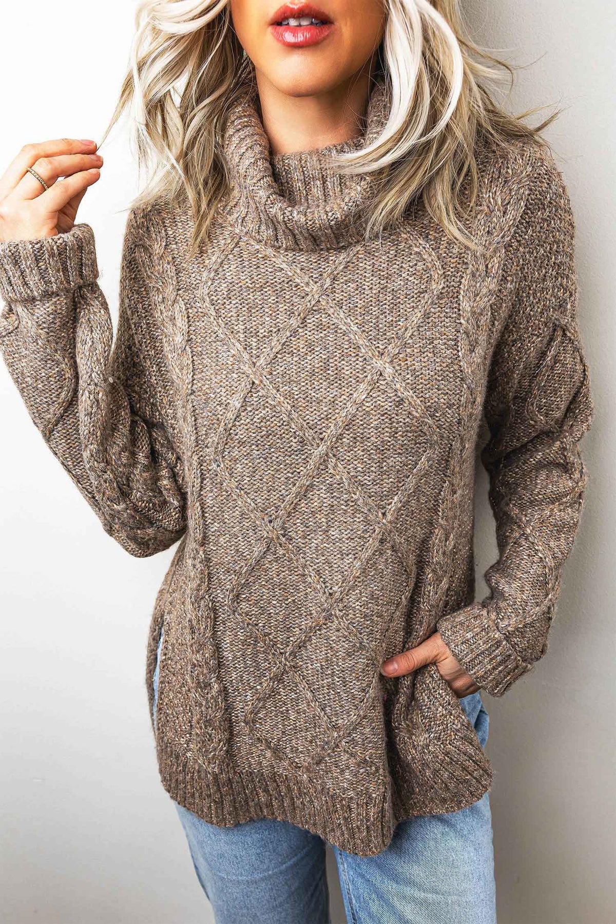 Dark Khaki High Neck Drop Shoulder Cable Knit Regular Length Sweater