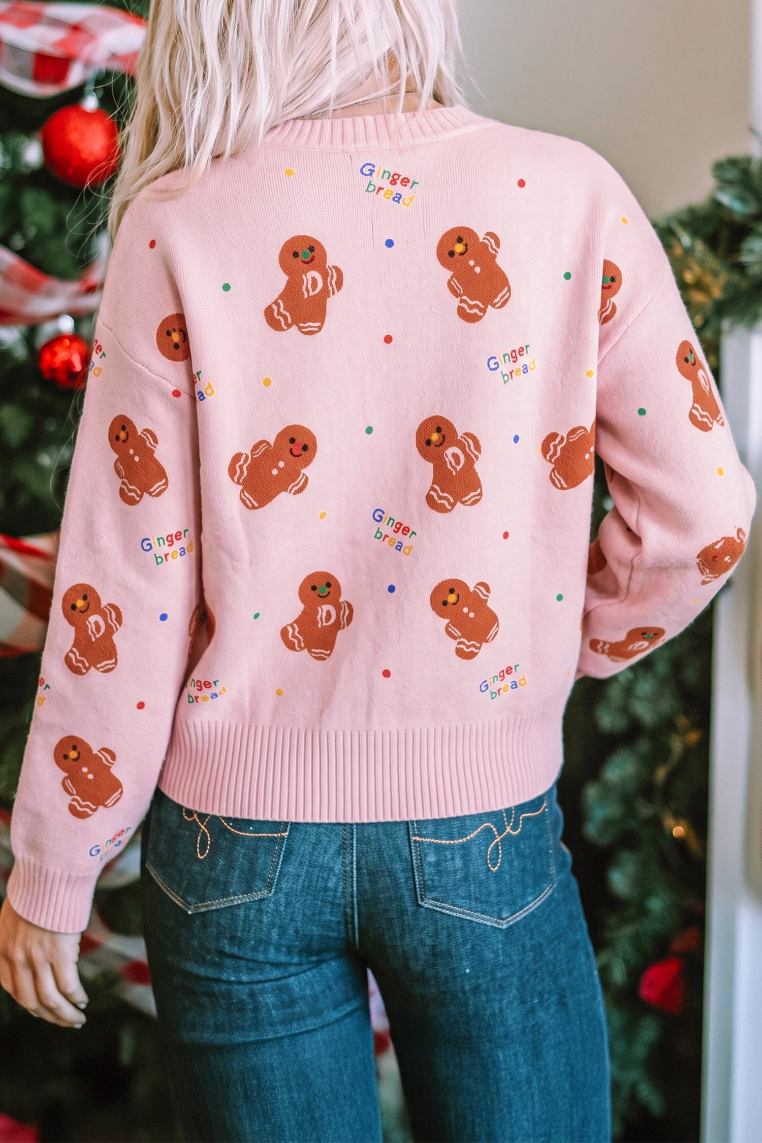 Pink Festive Gingerbread Pattern Long Sleeve Round Neck Sweater
