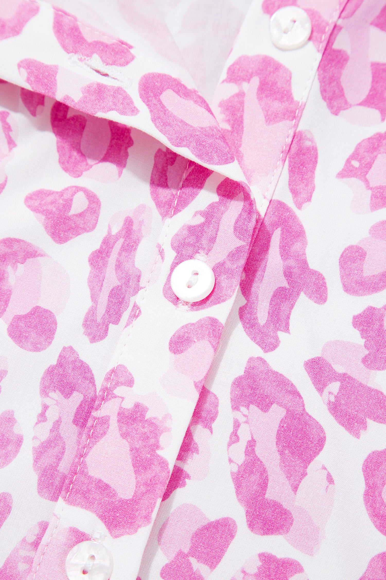Pink Abstract Leopard Print Tie Waist Puff Sleeve Mini Shirt Dress