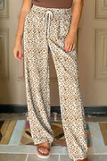 Khaki Leopard Drawstring Elastic Waistband Loose Pants