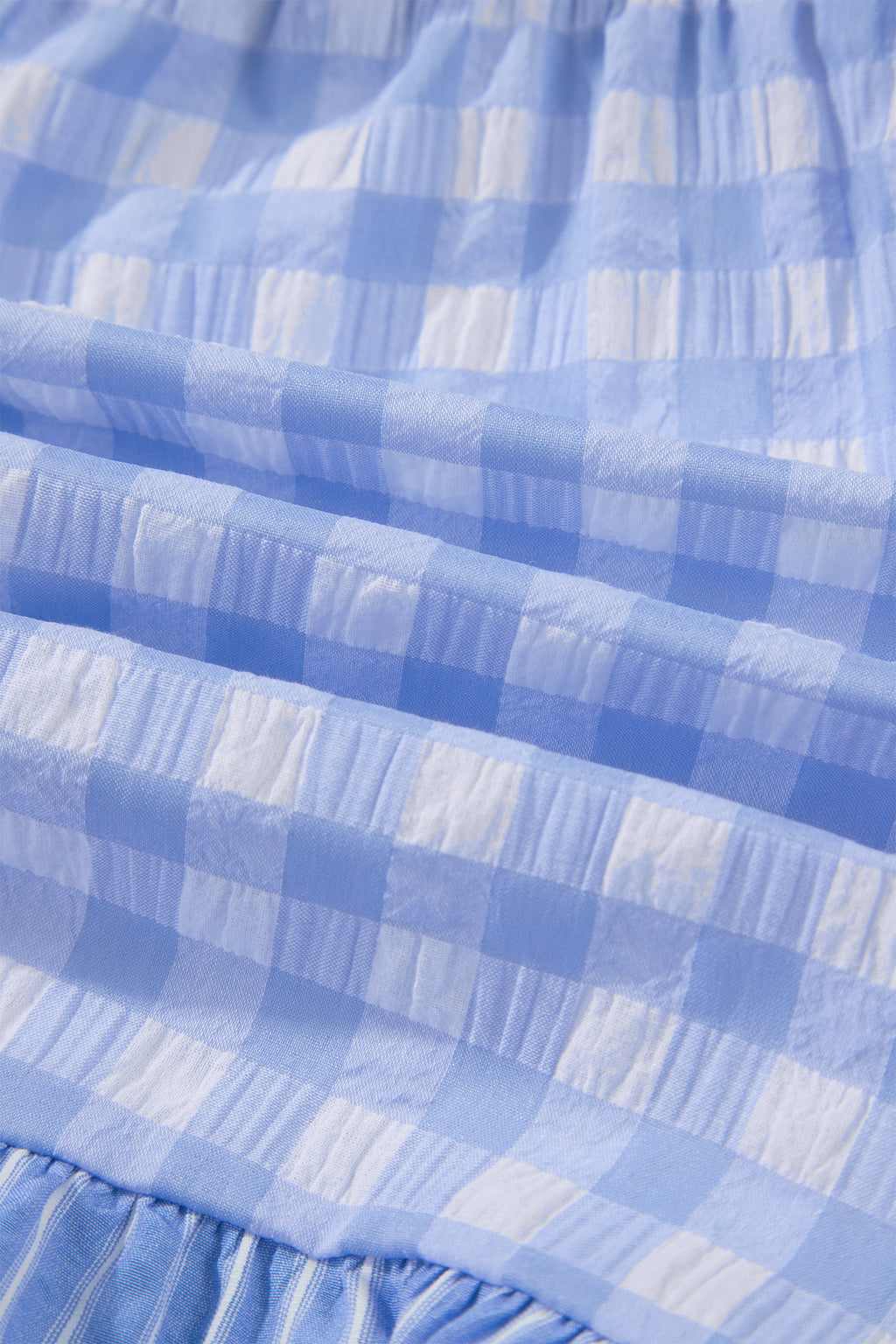 Sky Blue Gingham Print Ruffle Striped Detail Lace Tie Shorts