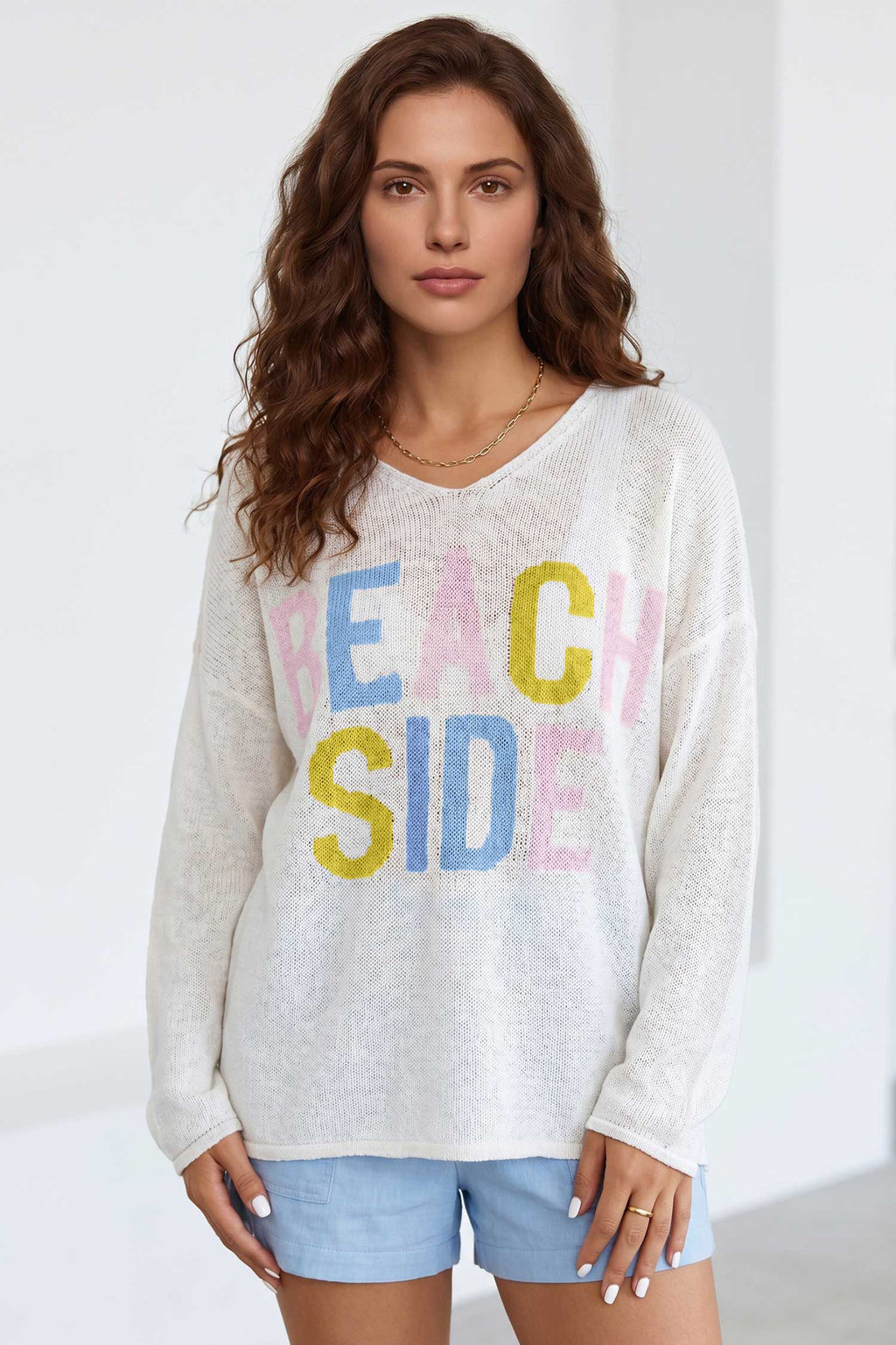White V Neck Lightweight Knit BEACH SIDE Shift Tunic Sweater