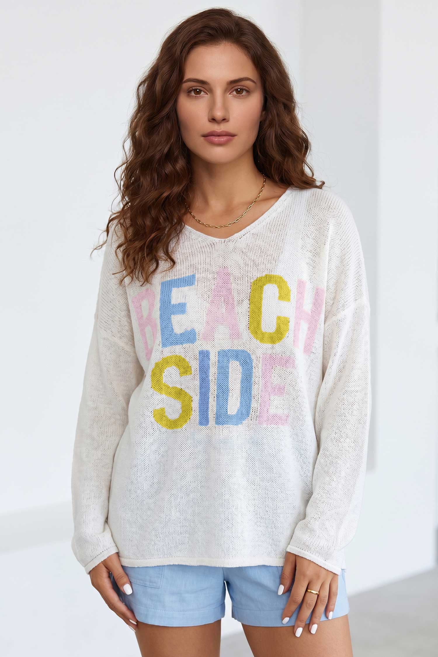 White V Neck Lightweight Knit BEACH SIDE Shift Tunic Sweater