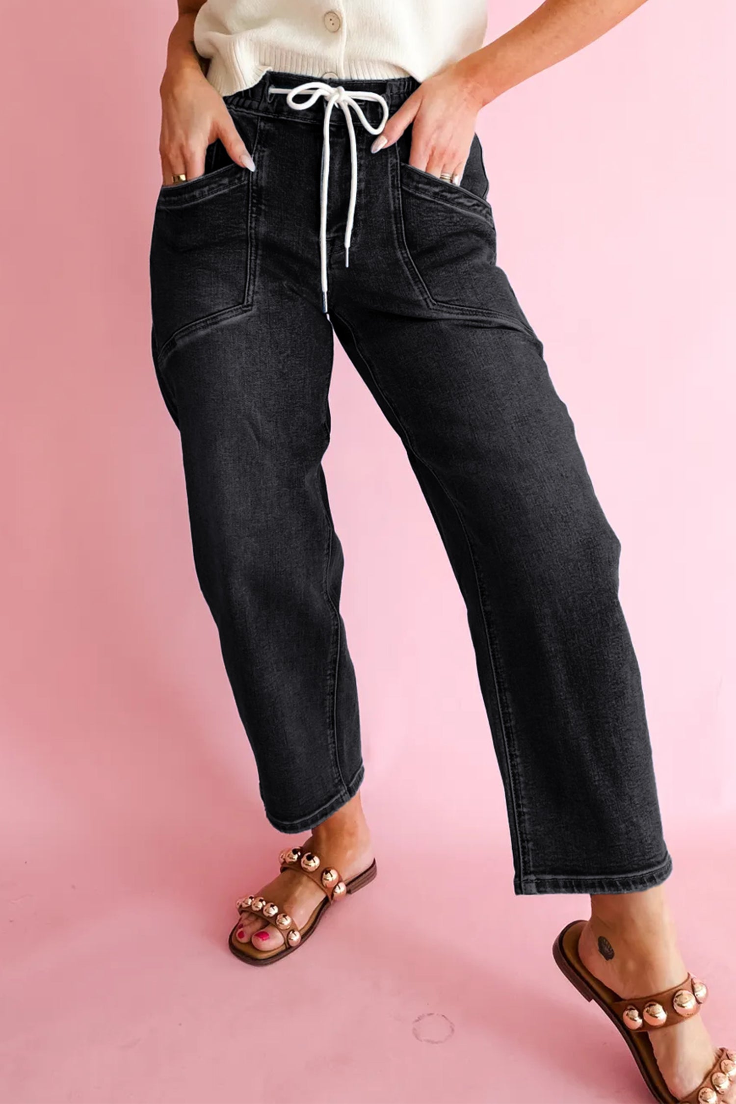 Black Drawstring Waist Ankle Length Casual Jeans Regular Fit Pocket Detail Denim Pants