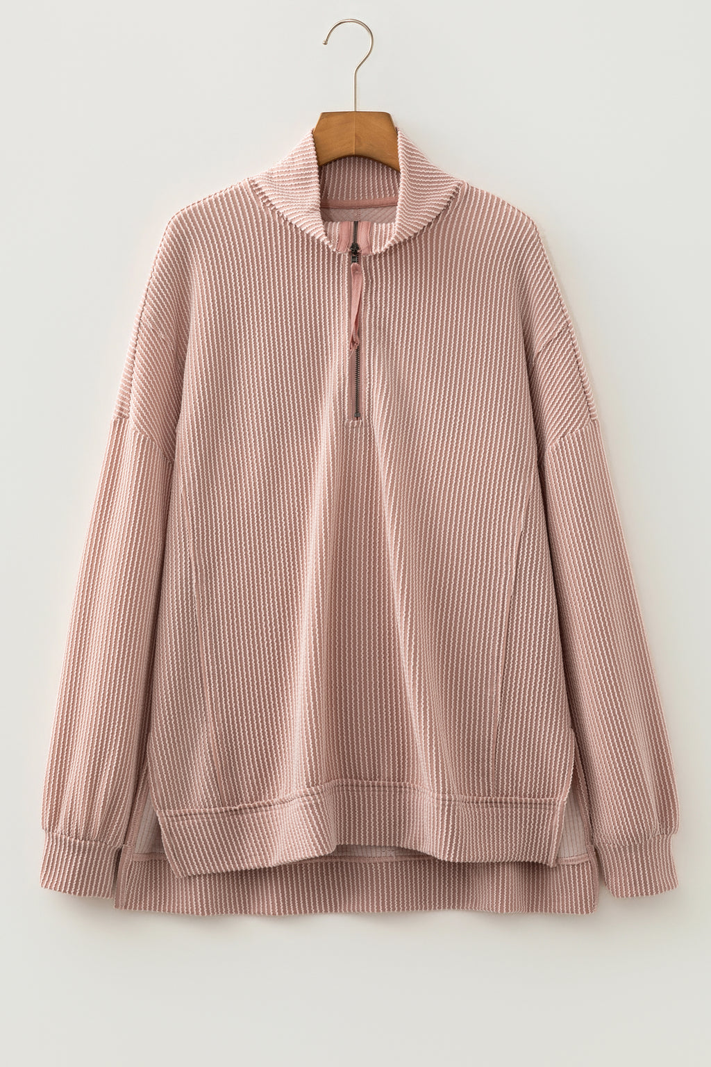 Oatmeal Twist Ribbed Zipper Collar Drop Shoulder Long Sleeve Top