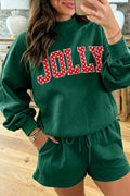 Dark Green Christmas Slogan Print Mock Neck Pullover and Shorts Set