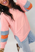 Pink Colorblock Striped Patchwork Long Sleeve Round Neck Blouse