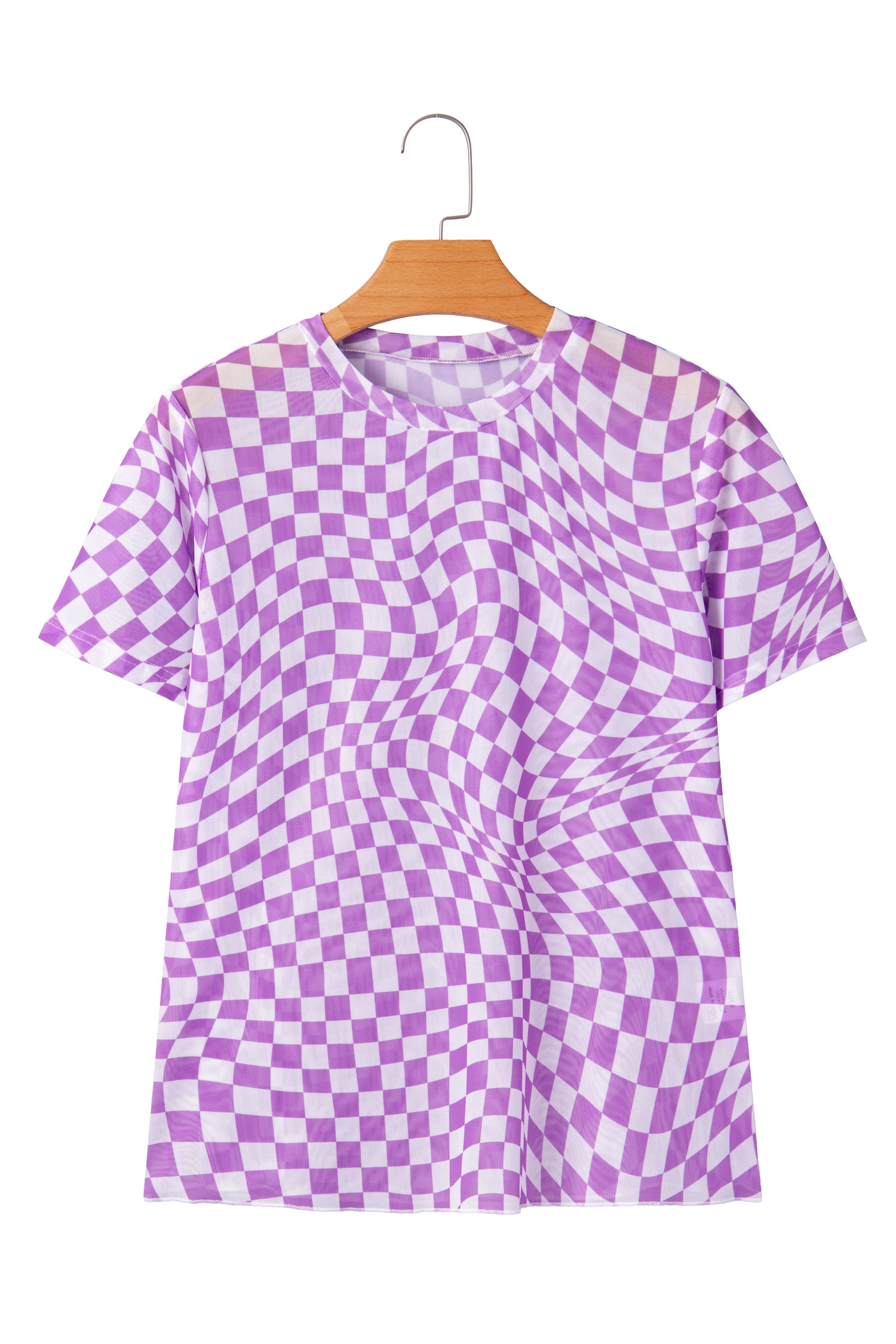 Purple Checkered Print Crew Neck Mesh T Shirt