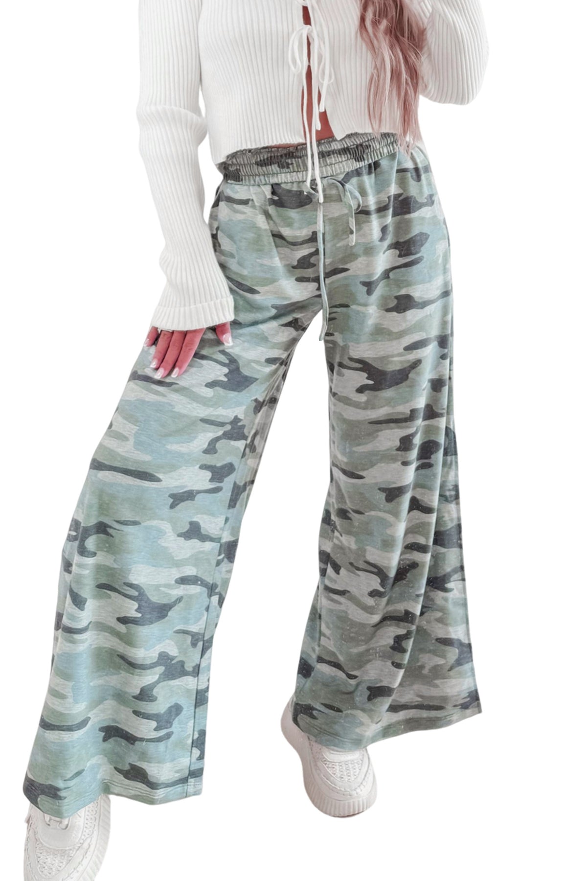 Green Camo Wide Leg Tie Elastic Waist Casual Pants