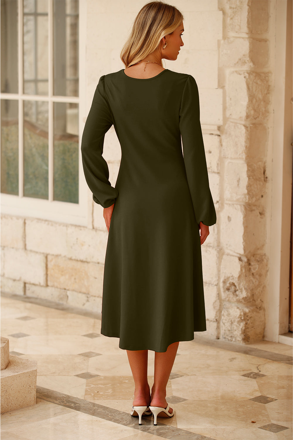 Jungle Green Solid Color Ruched Detail Long Sleeve Midi Dress