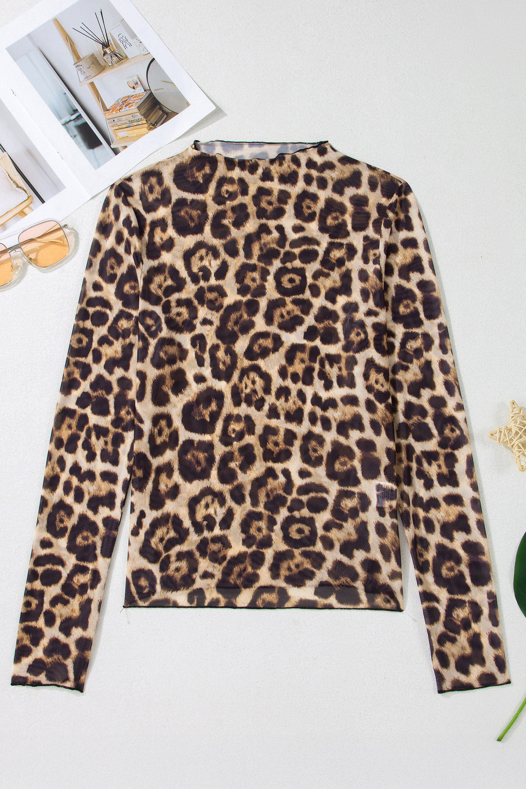 Camel Slim Fit Floral Mesh Long Sleeve Mock Neck Top