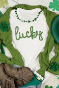 White Sequined Lucky St.Patricks Day Graphic Tee