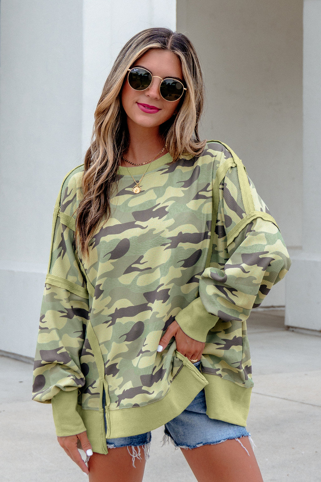 Green Camouflage Waffle Knit Raw Edge Contrast Trim Oversized Long Sleeve Top