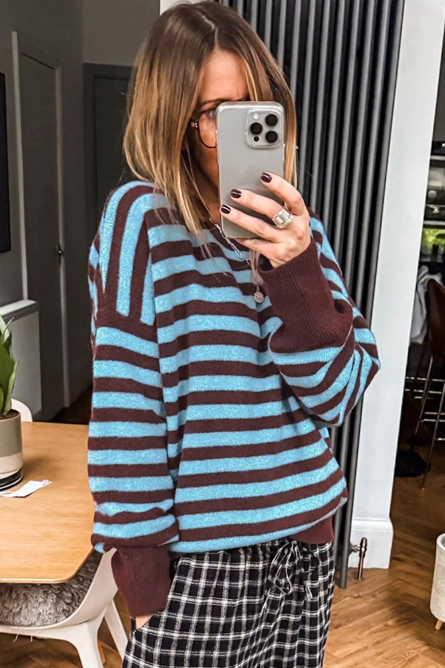 Brown Stripe Color Block Loose Crew Neck Cuffed Sweater