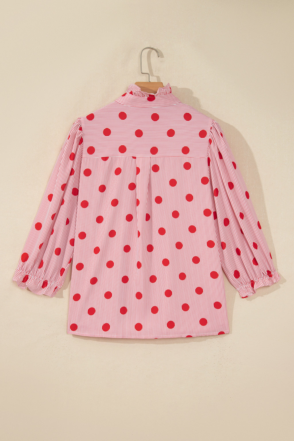 Fiery Red Polka Dot Striped Print Ruffle Stand Neck 3/4 Sleeve Shift Shirt
