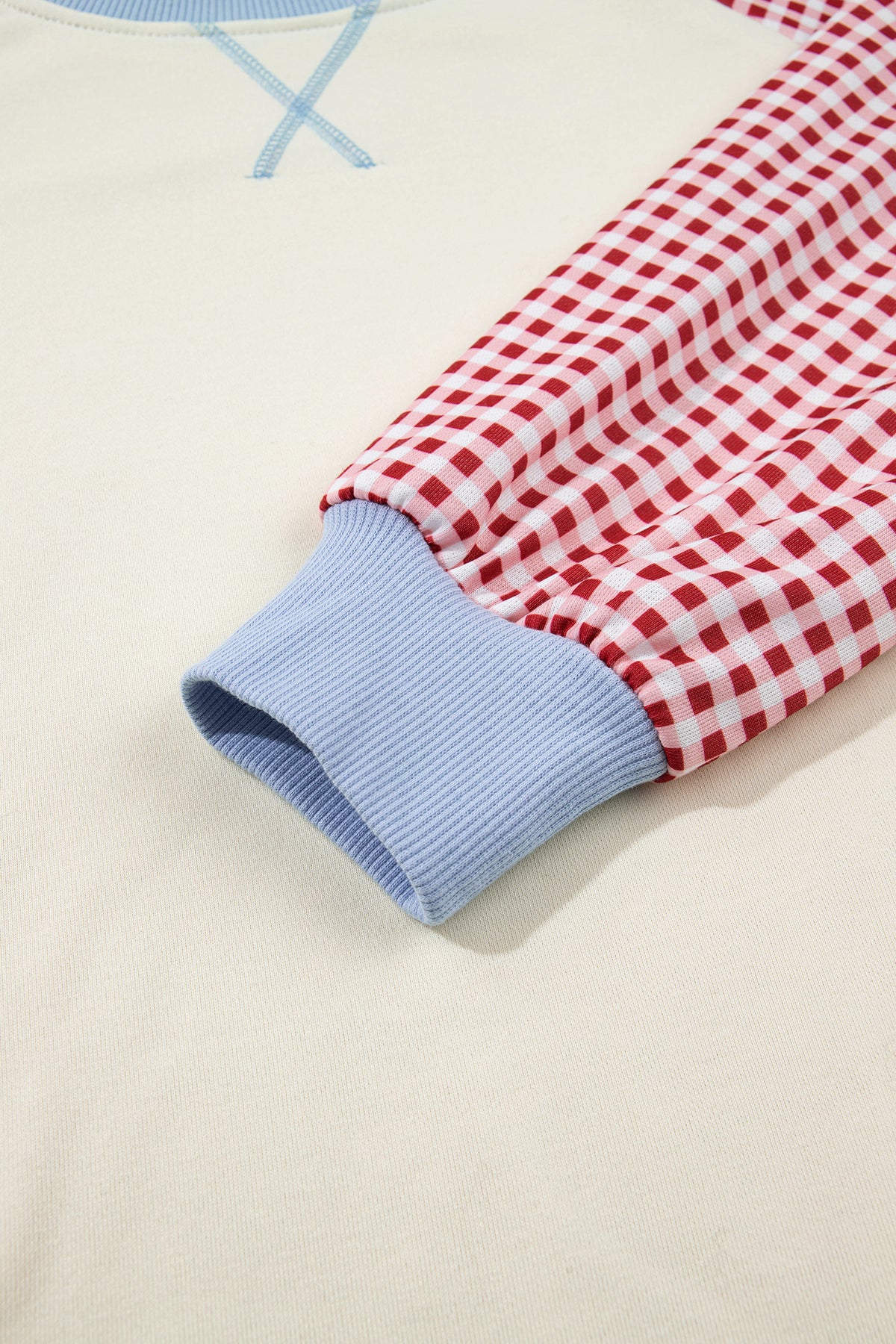 Light Blue Plaid Sleeve Colorblock Raglan Pullover Sweatshirt