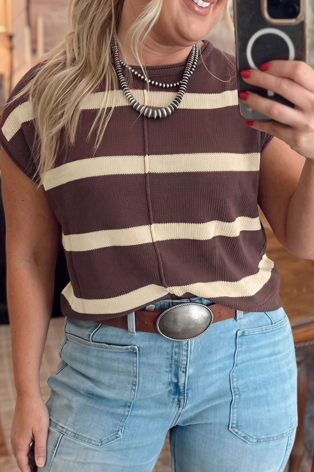 Brown Stripe Colorblock Knit Plus Size Sleeveless Casual Sweater