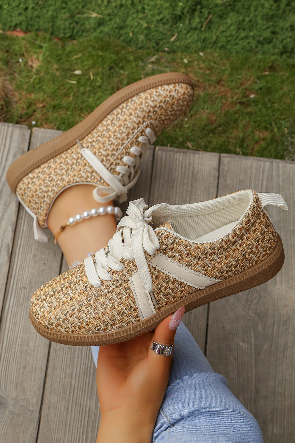 Gold Stylish Woven Lace Up Flat Shoes