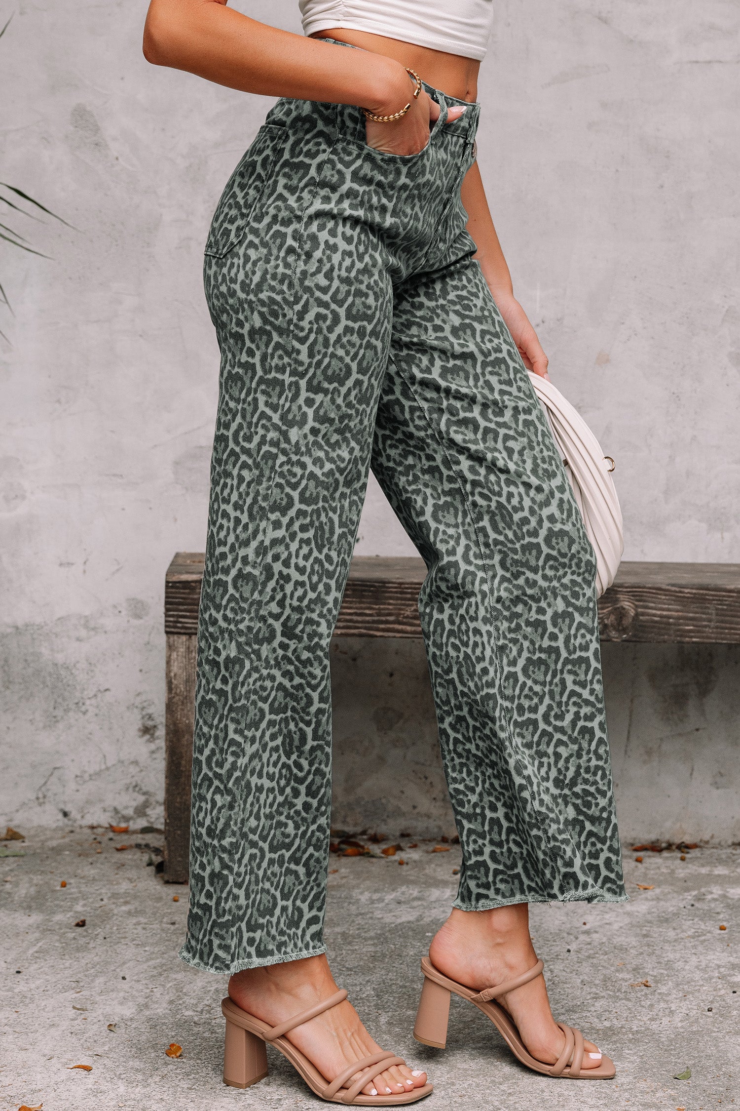 Gray Leopard Frayed Edge Wide Leg High Waist Jeans
