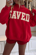 Fiery Red Saved By Grace Embroidered Detail Letter Graphic High Neck Sweatshirt
