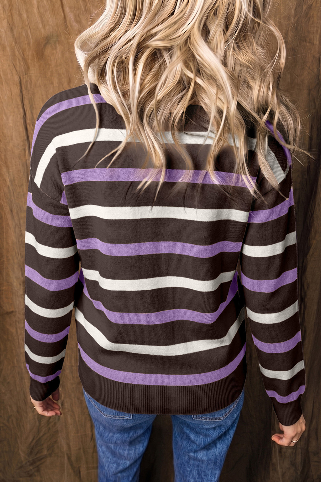 Brown Stripe Embroidered Detail Drop Shoulder Pullover Sweater