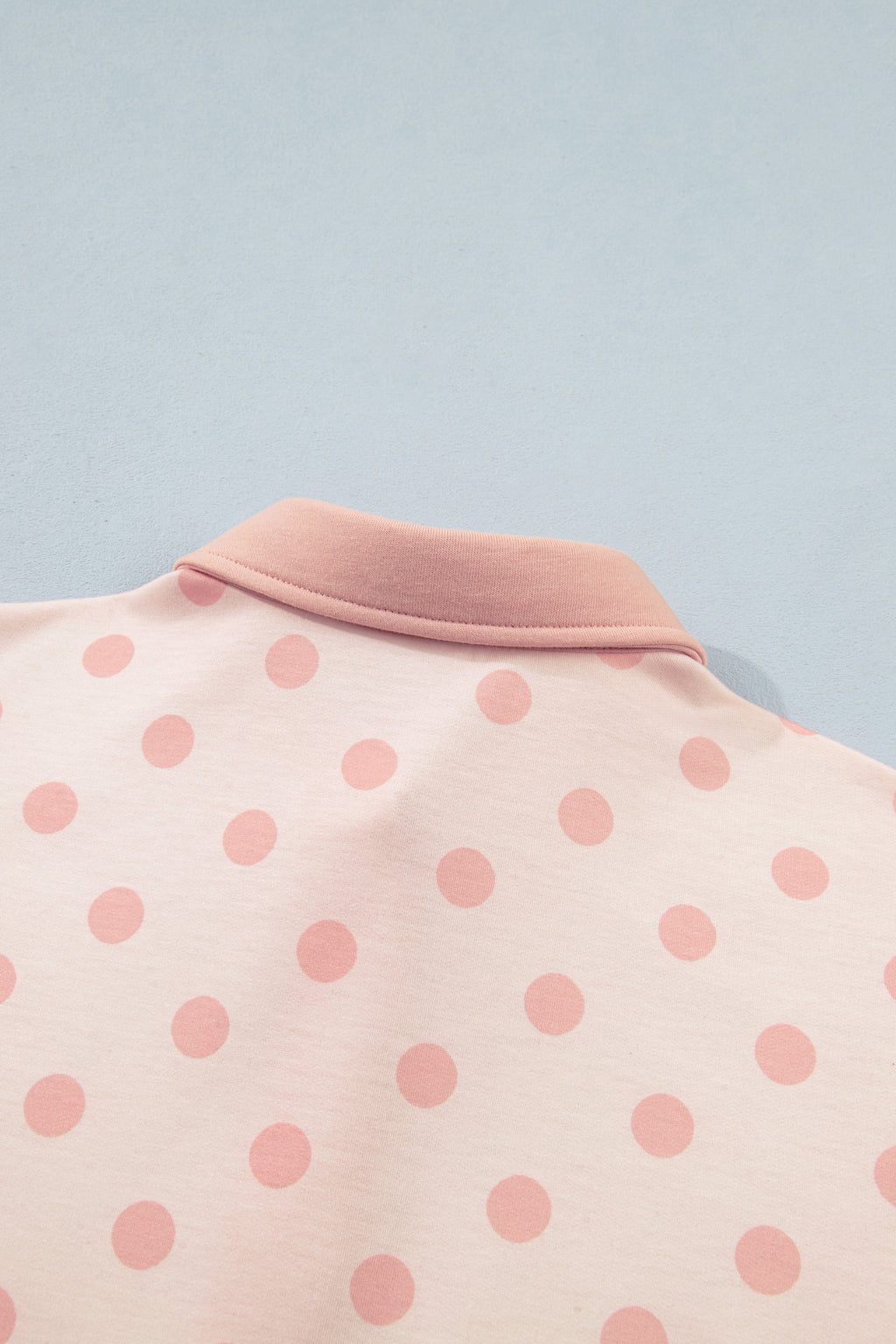 Pink Polka Dot Drop Shoulder Polo Loose Pullover Patch Pocket Casual Shorts Set