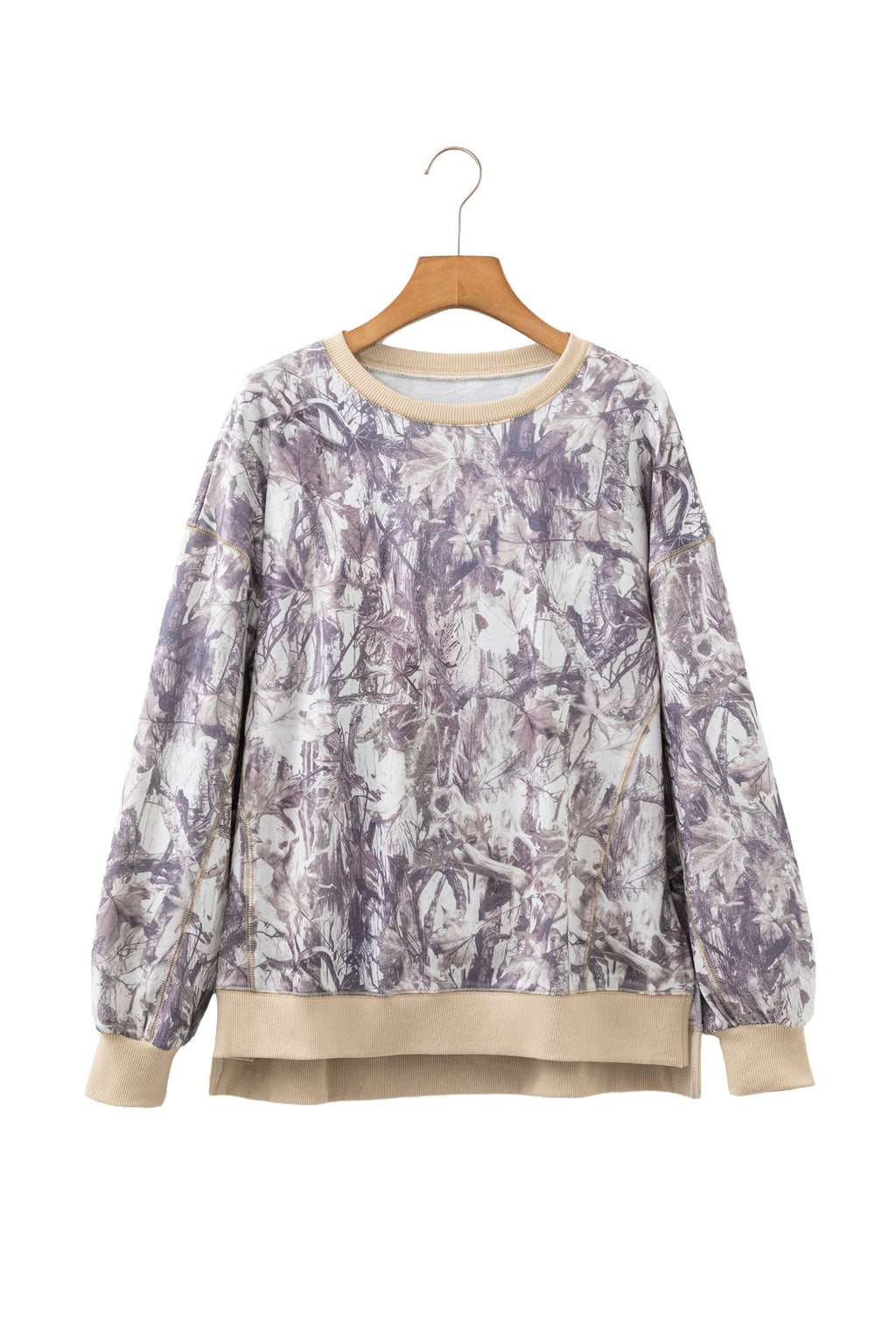 Khaki Abstract Camo Print Colorblock Trim Side Split Tunic Sweatshirt