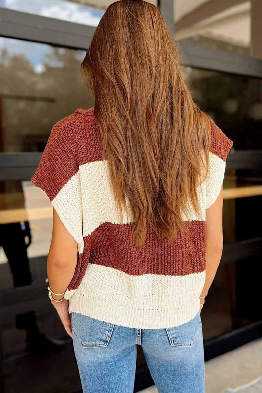 Brown Stripe Striped Colorblock Knit V Neck Short Sleeve Loose Sweater