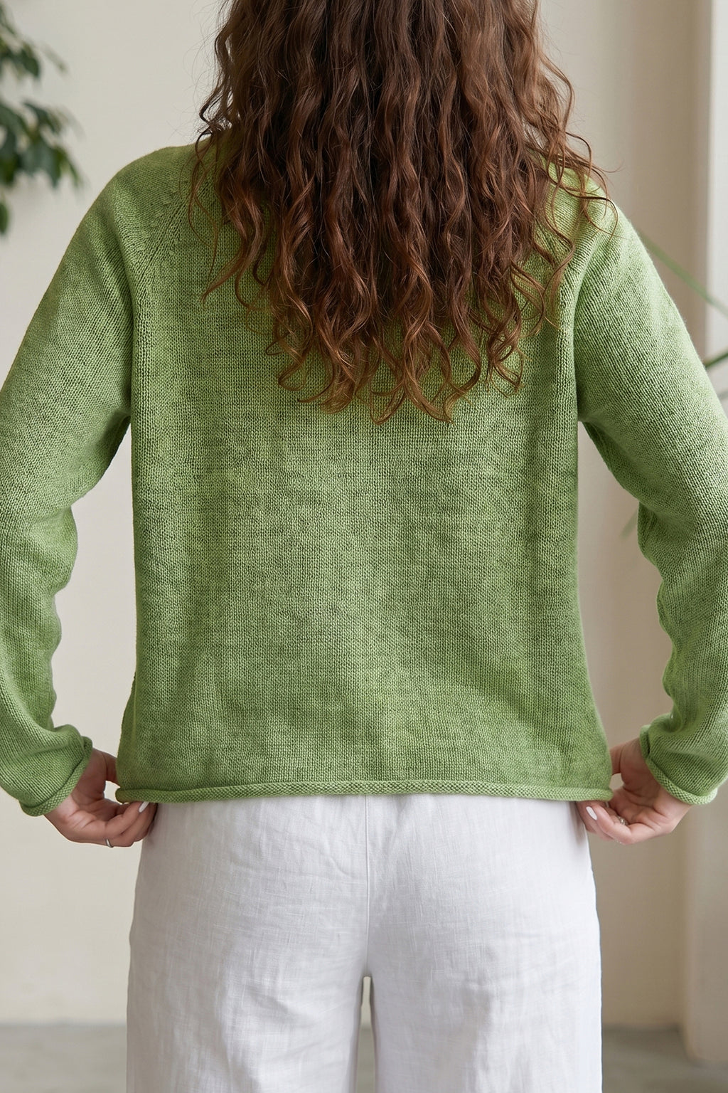Meadow Mist Green Unique Fish Knit Oversized Round Neck Sweater
