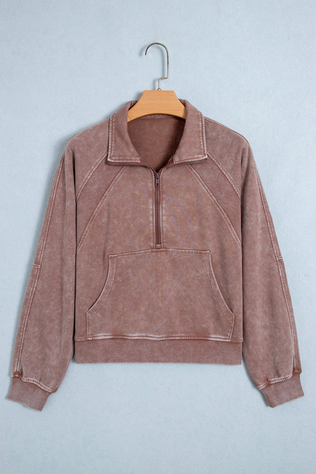 Chestnut Vintage Half-Zip Long Sleeve Ribbed Cuffs Hem Shift Silhouette Sweatshirt