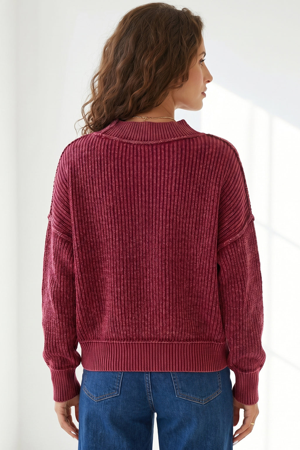 Red Dahlia Drop Shoulder High Neck Ribbed Sweater