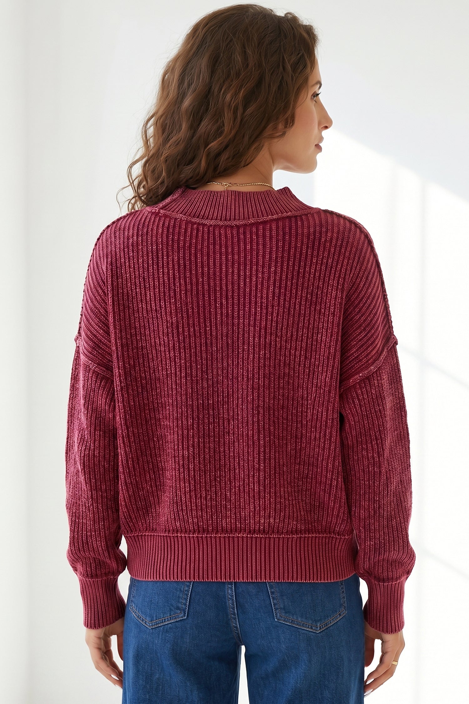 Red Dahlia Drop Shoulder High Neck Ribbed Sweater