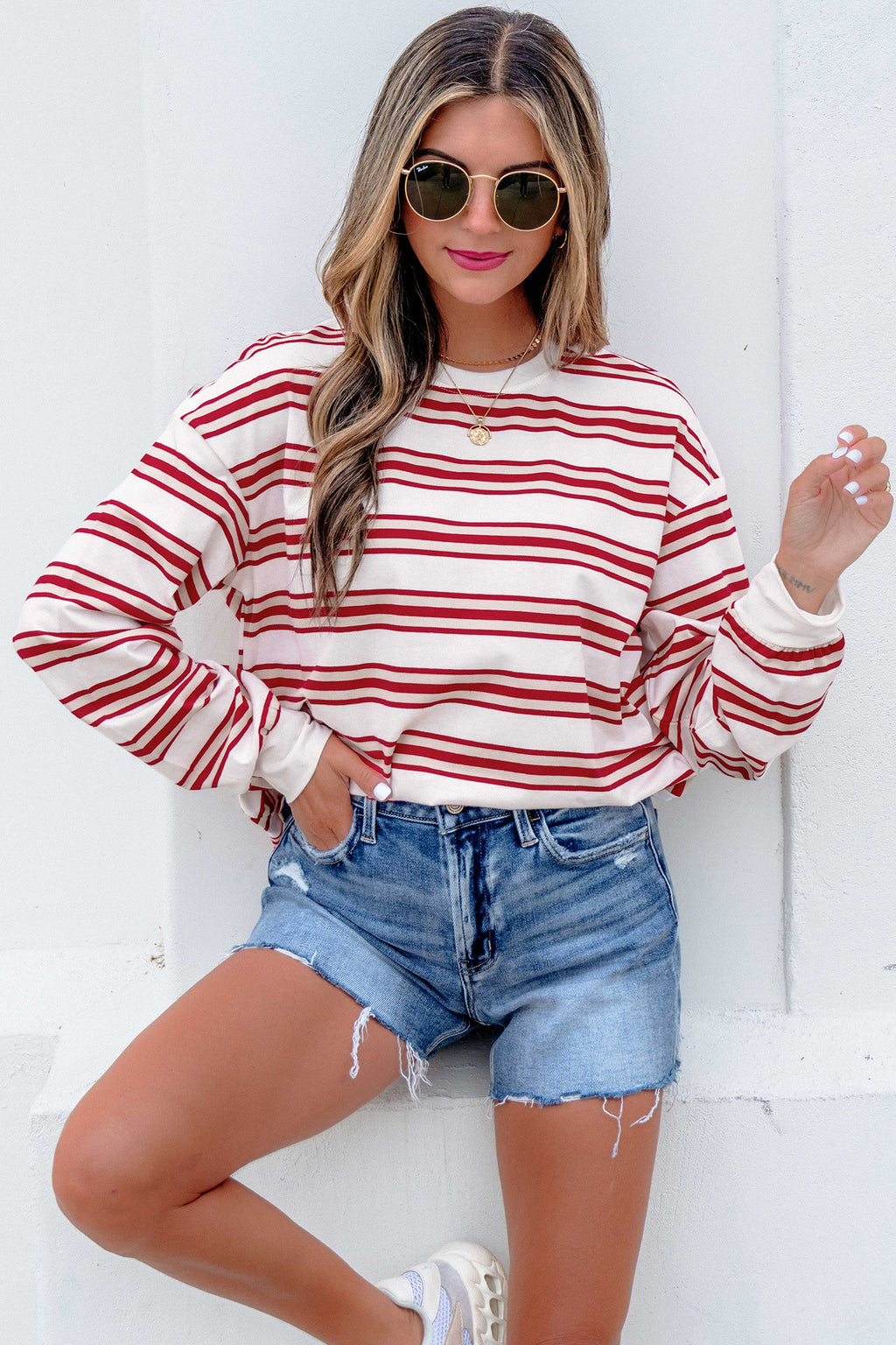 Red Stripe Dropped Shoulder Long Sleeve Casual Pullover Top
