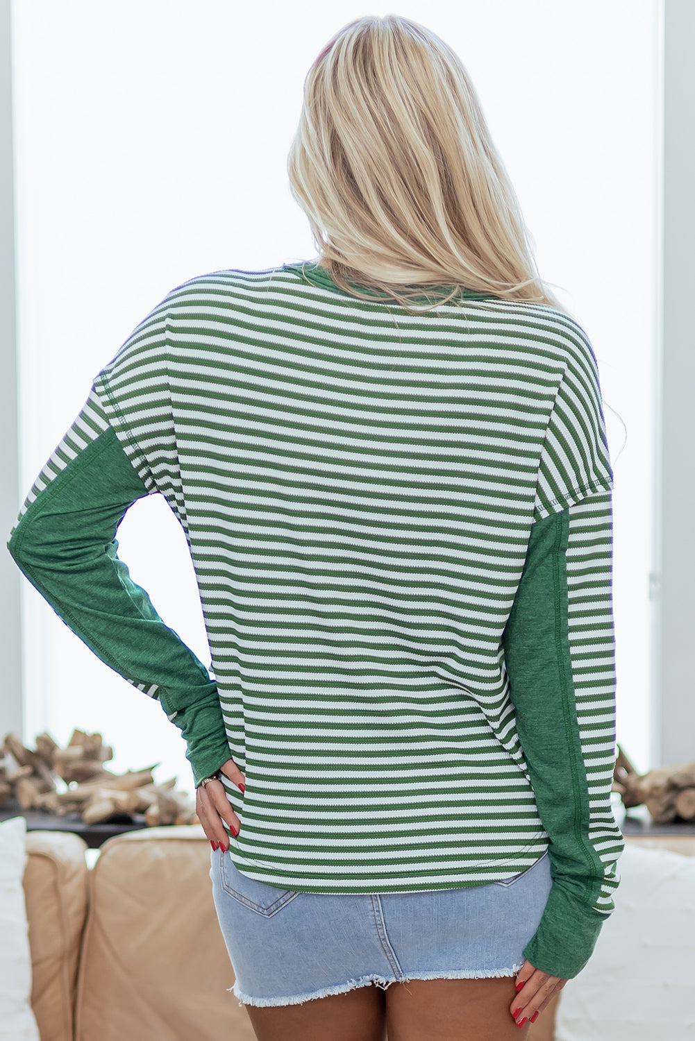 Khaki Stripe Thermal Knit Drop Shoulder Casual Top