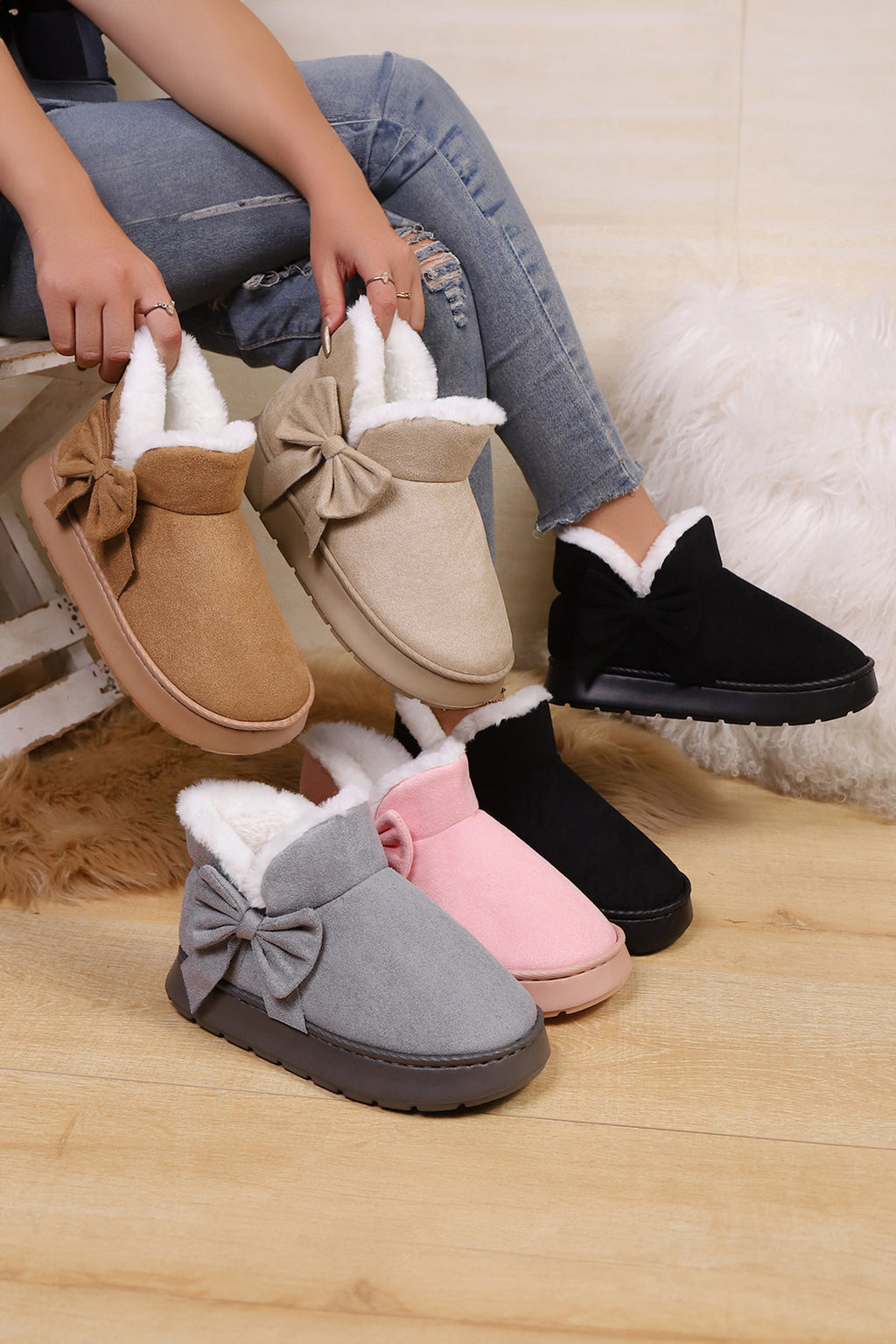 Brown Faux Suede Bow Decor Plush Lining Snow Booties