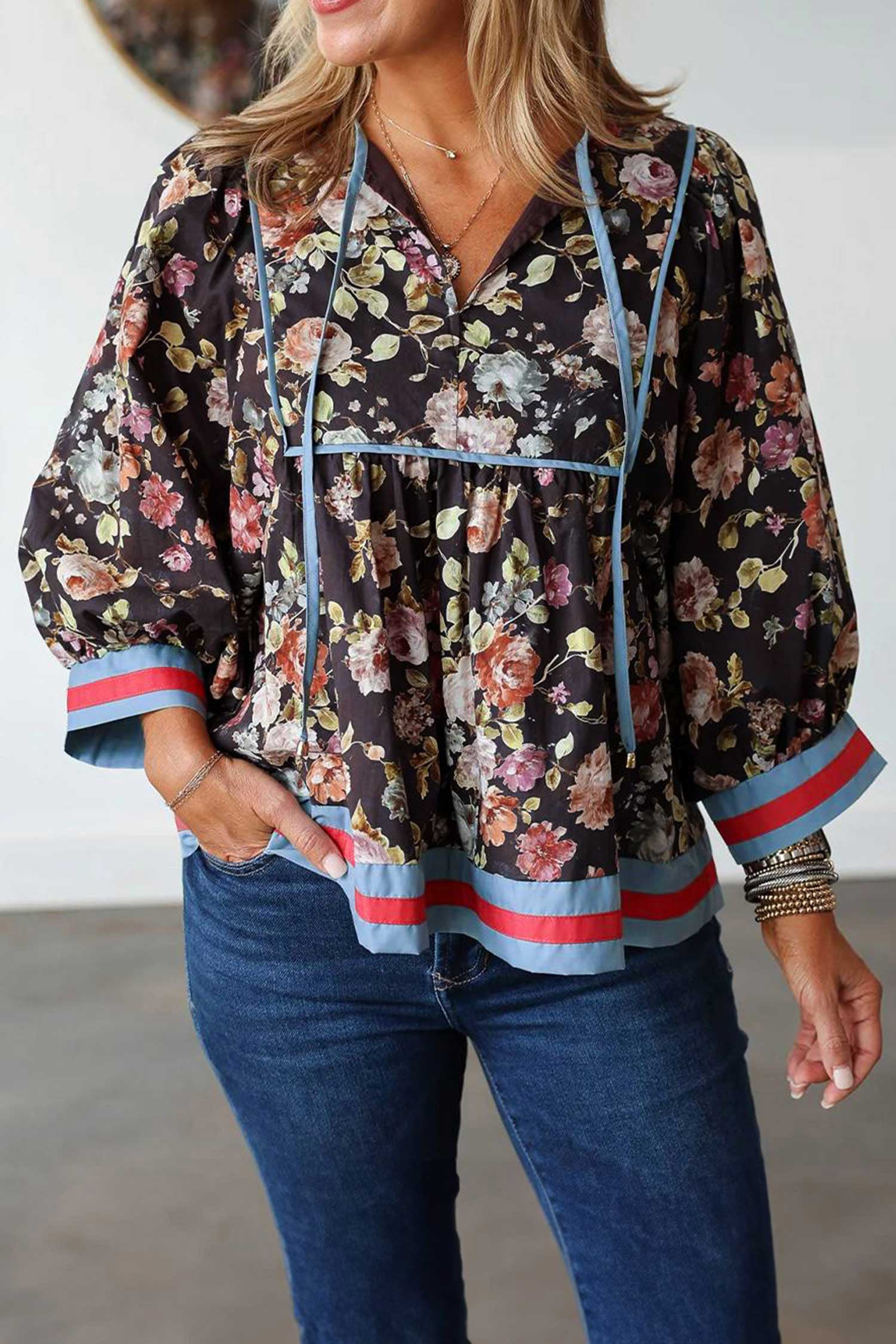 Black Floral Print Contrast Trim Tie V Neck Bracelet Sleeve Blouse
