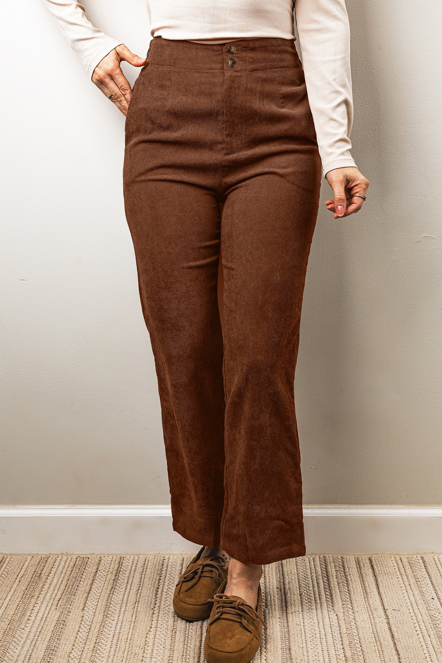 Coffee Elastic Waist Straight Leg Ankle Length Corduroy Pants