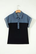 Black Color Block Denim Patchwork Button Polo Collar Short Sleeve Top