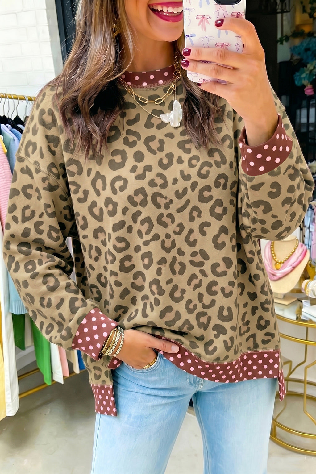 Brown Leopard Polka Dot Colorblock Trim Long Sleeve Top