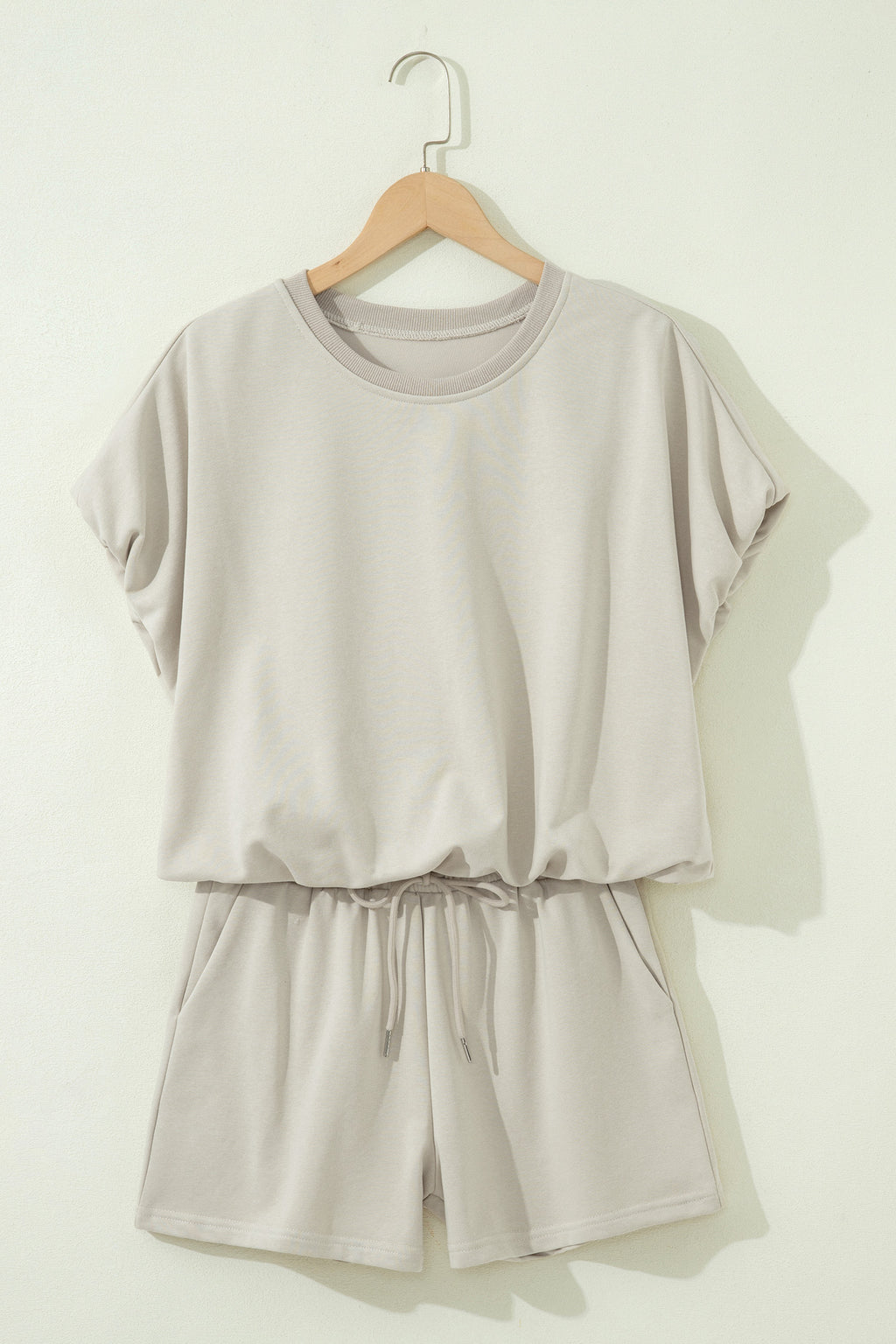 Smoke Gray Solid Color Puffy Loose Top Drawstring Shorts 2pcs Outfit
