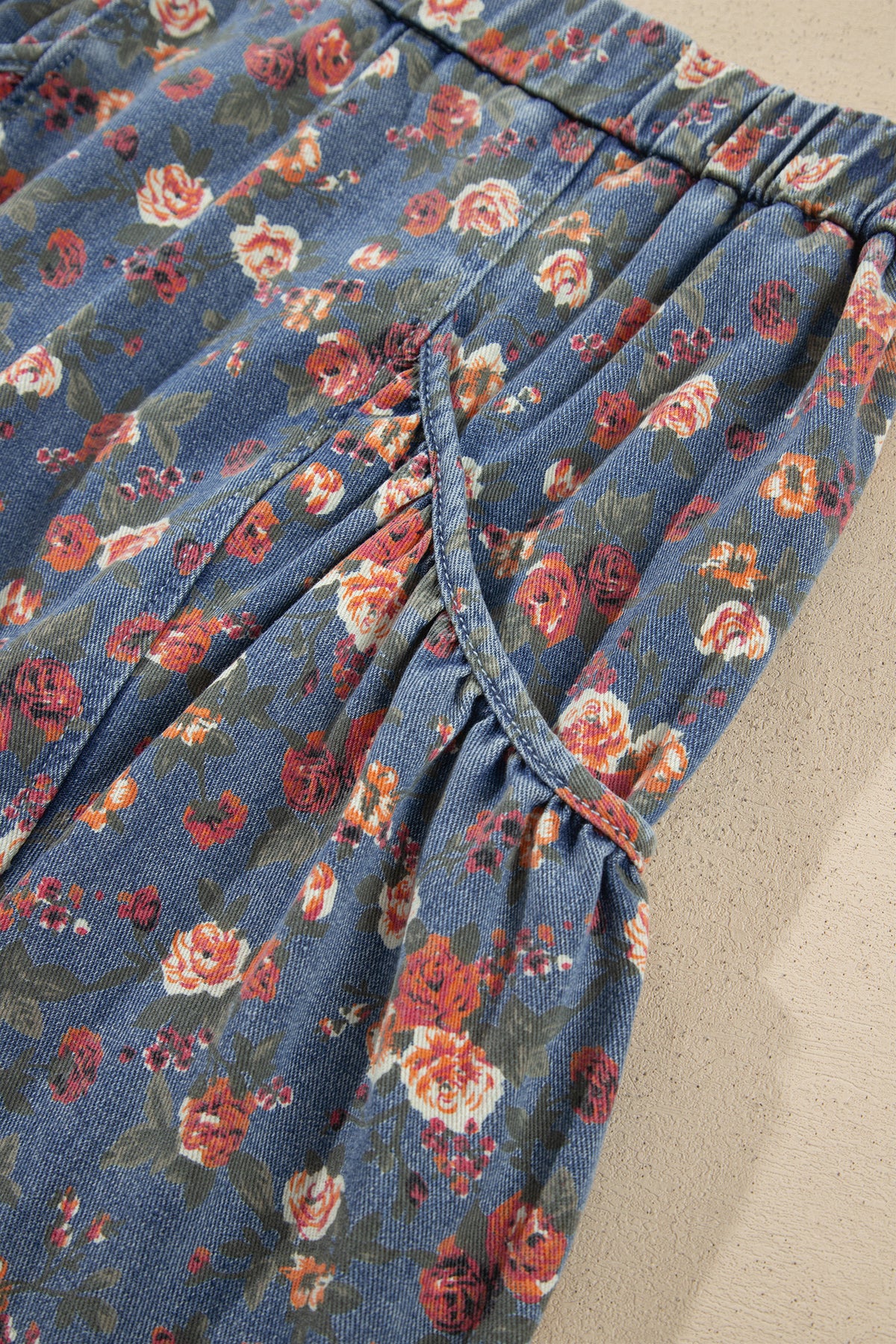 Beau Blue Retro Floral Print Elastic Waist Pocketed Barrel Jeans