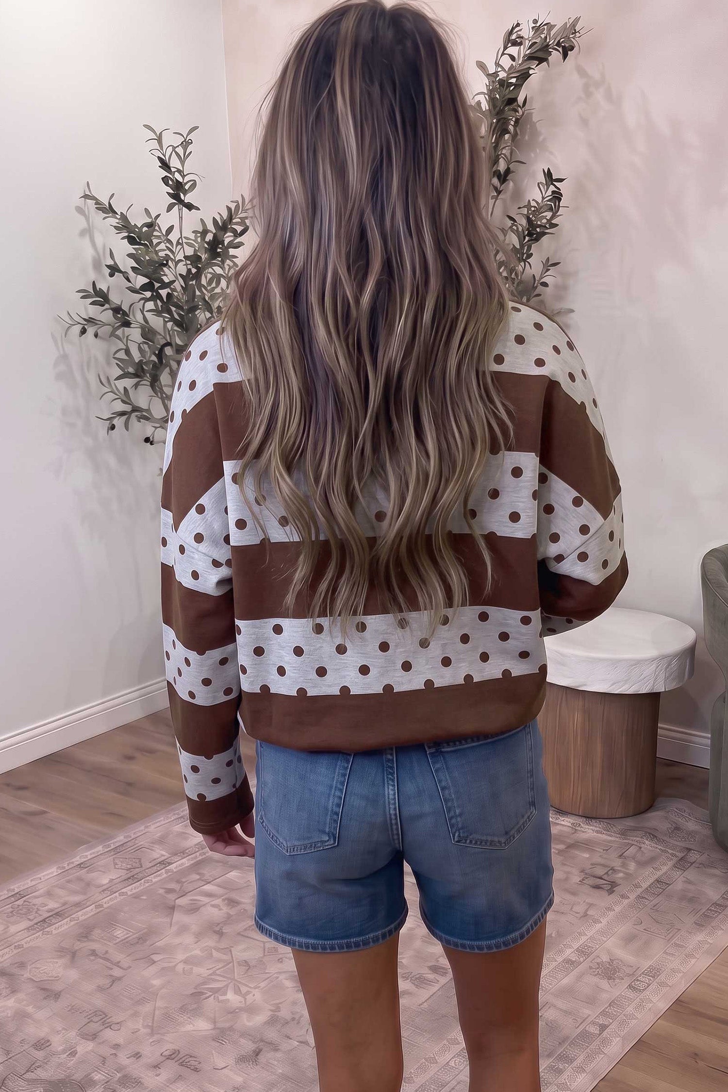 Brown Stripe Patchwork Polka Dot Accent Quarter Zip Long Sleeve Top