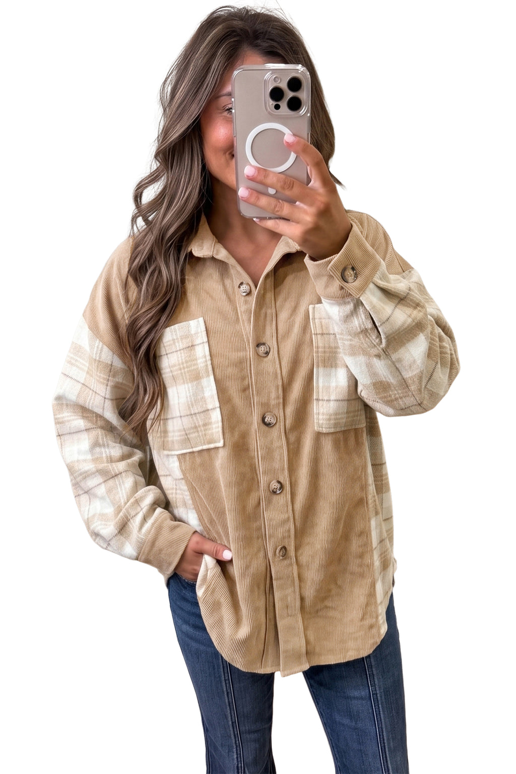 Light French Beige Plaid Colorblock Shirt Collar Shift Shacket