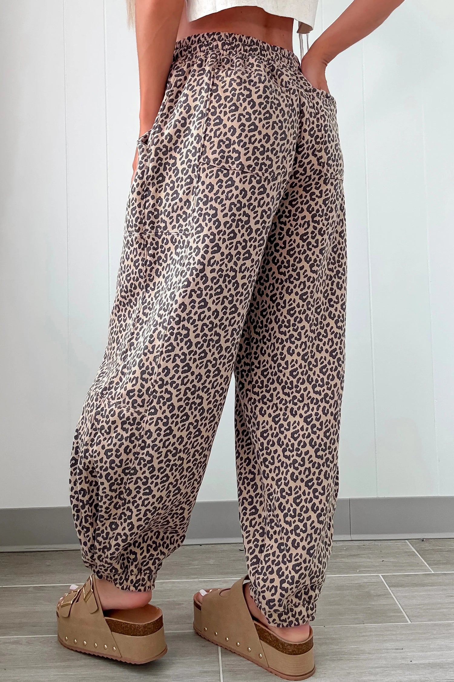 Khaki Leopard Print Elastic Waist Ankle Length Pants