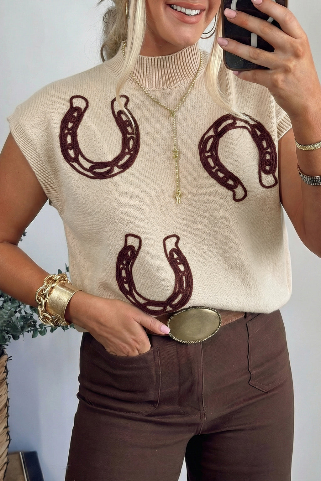 Parchment Corded Horseshoes Ribbed Trim Mock Neck Short Sleeve Sweater