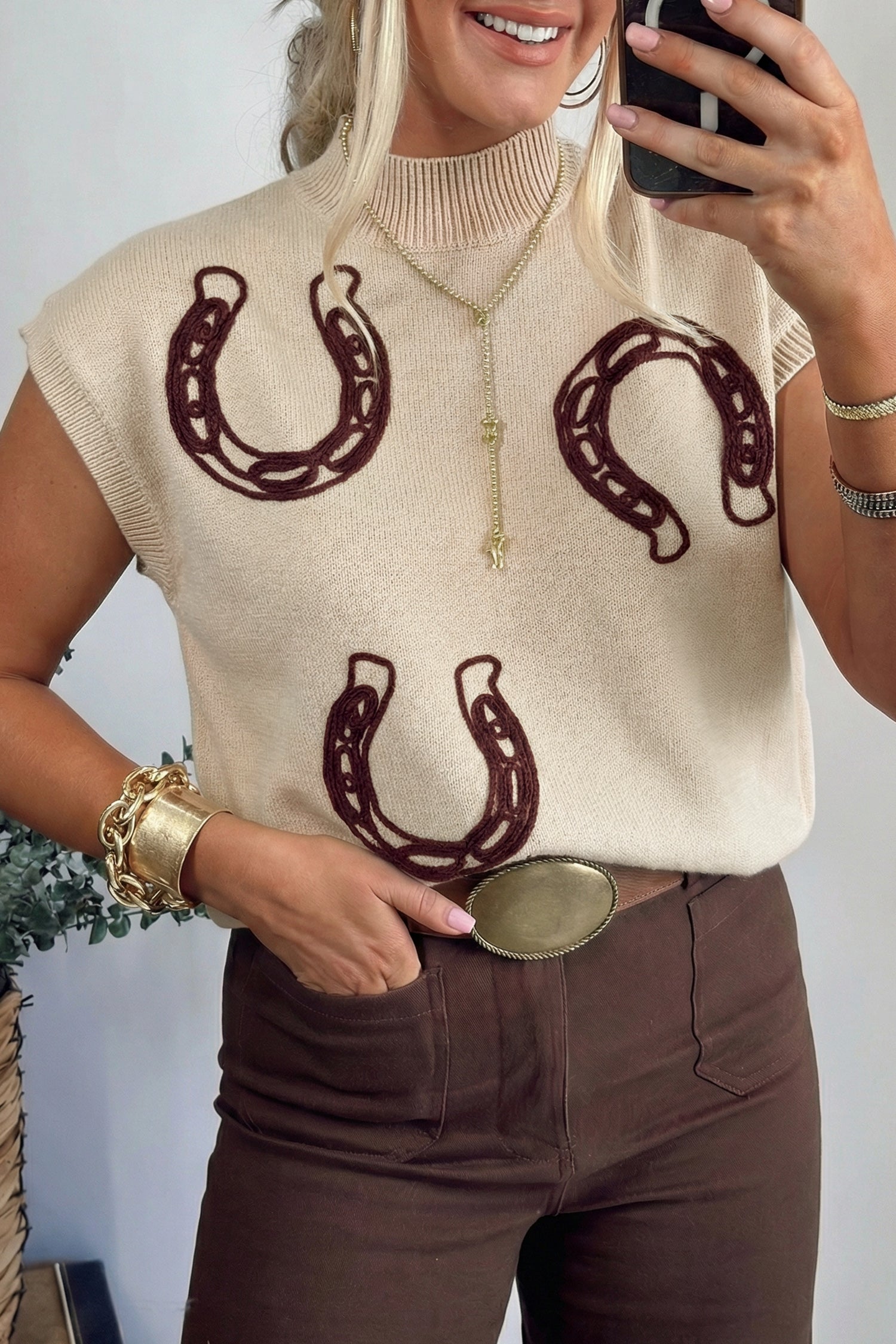 Parchment Corded Horseshoes Ribbed Trim Mock Neck Short Sleeve Sweater