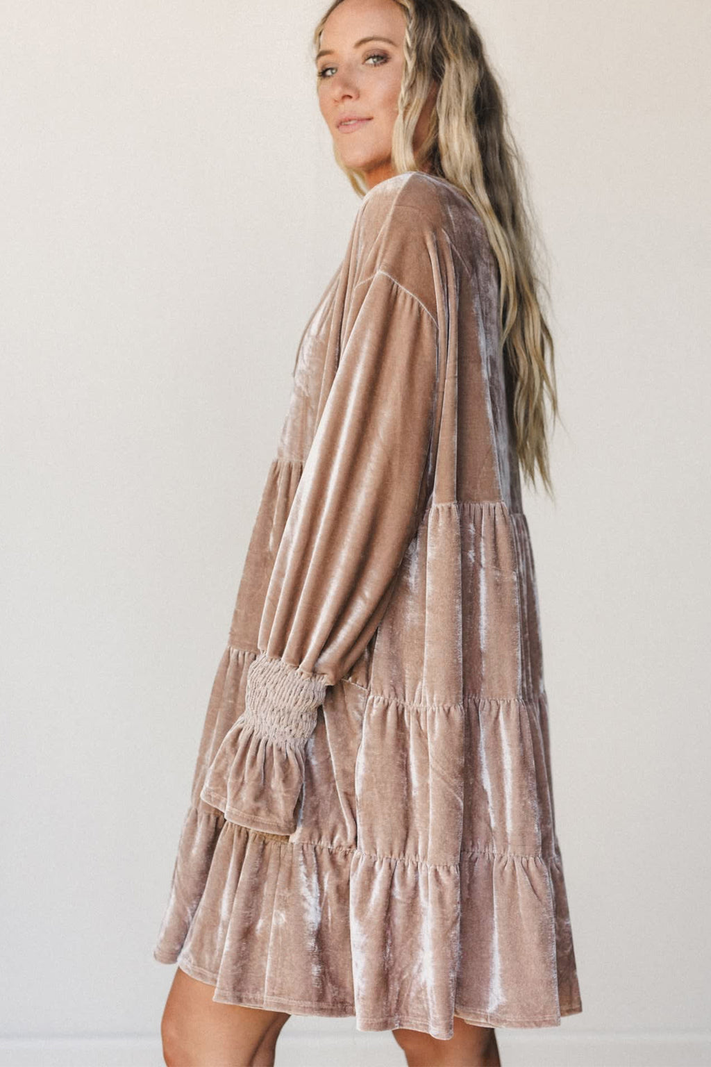 Smoke Gray Solid Color V Neck Velvet Tiered Long Sleeve Dress